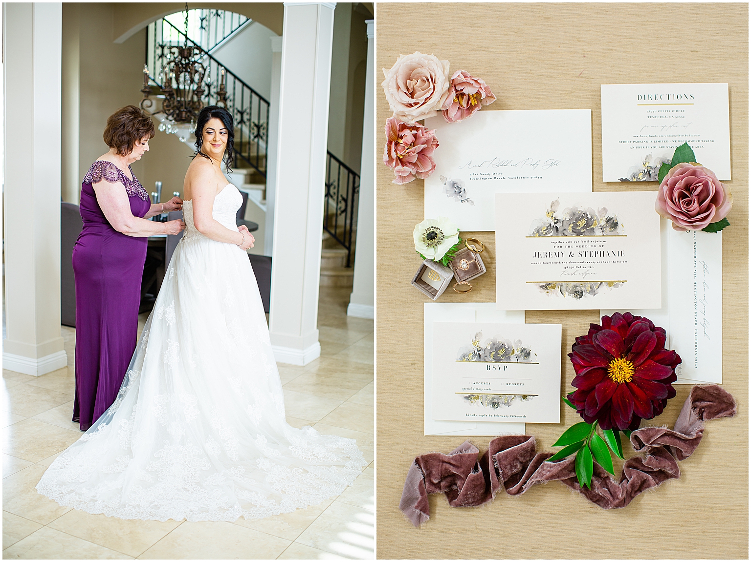 Bride's mom helping her put her dress on, and beautiful wedding invitation flat lay