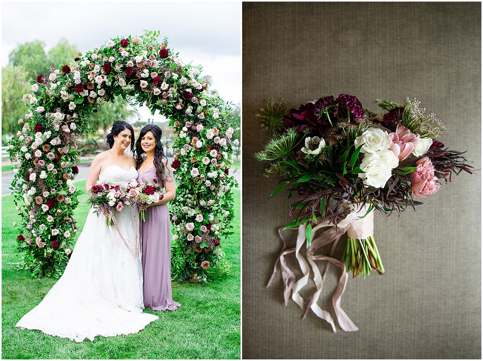Bride and Bridesmaid under a beautiful floral arch, and a stunning flower bouquet by Little Hill Designs