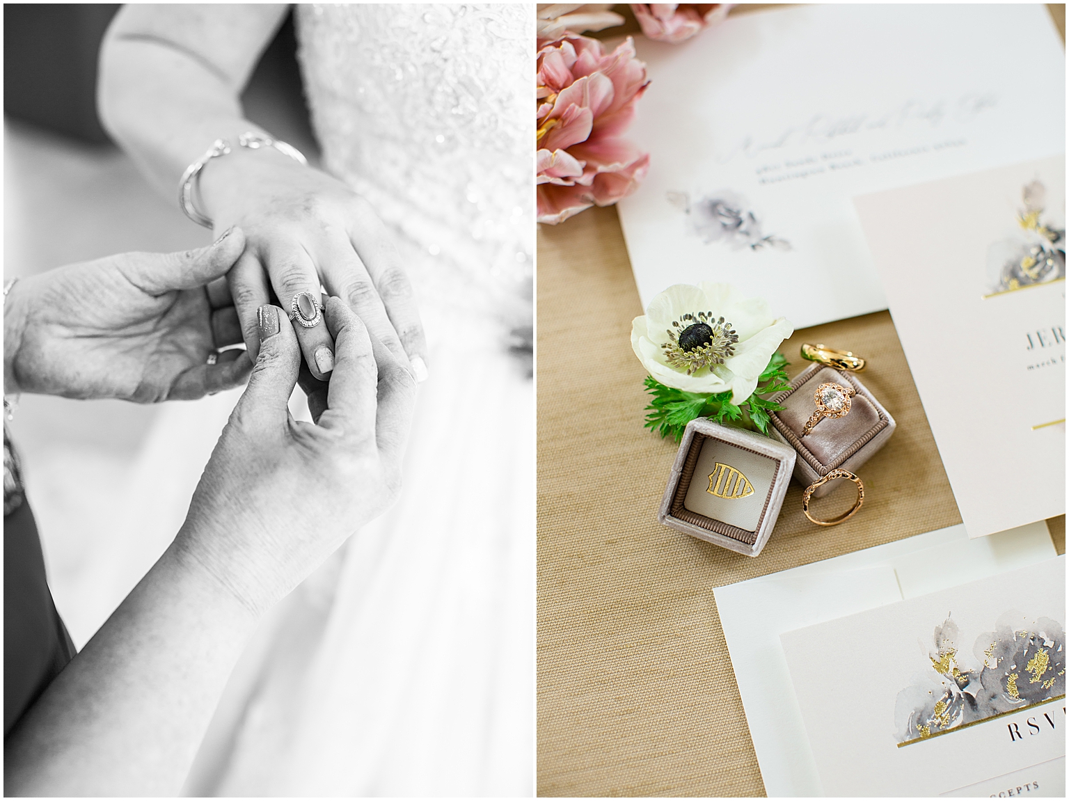 Mother of the bride putting a family heirloom ring on her daughter's finger, and a beautiful flat lay of wedding invitations and rings
