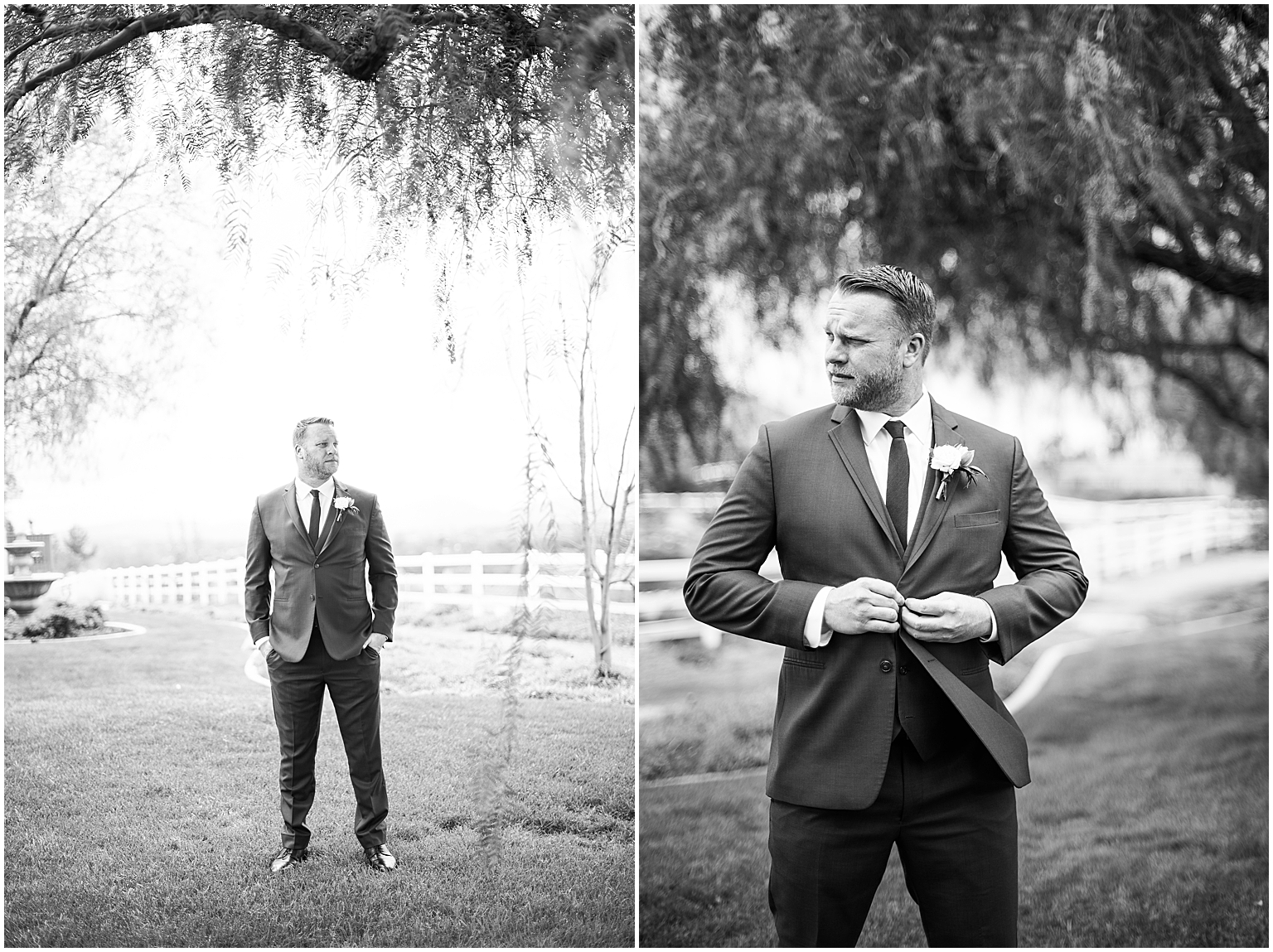 Black and white classic portrait of a groom waiting for his bride