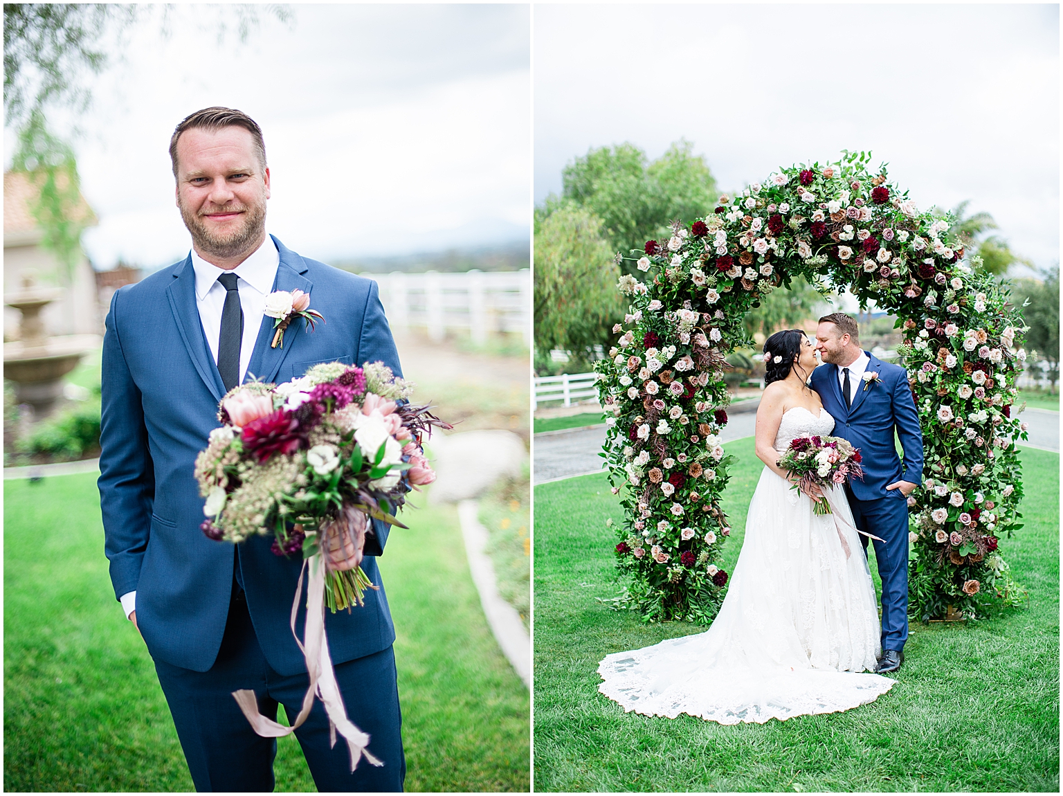 Groom holds the bouquet, and the bride and groom share a kiss in front of the flower arch