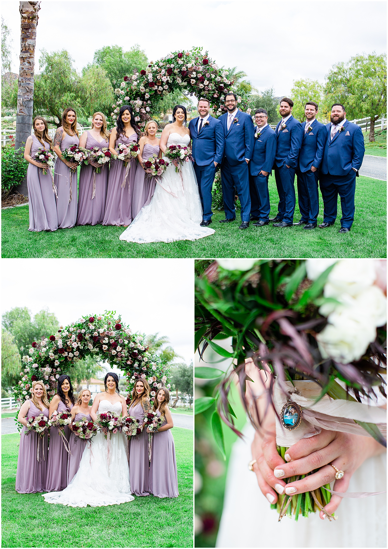 The bridal party in front of a floral arch at a private estate wedding in Temecula