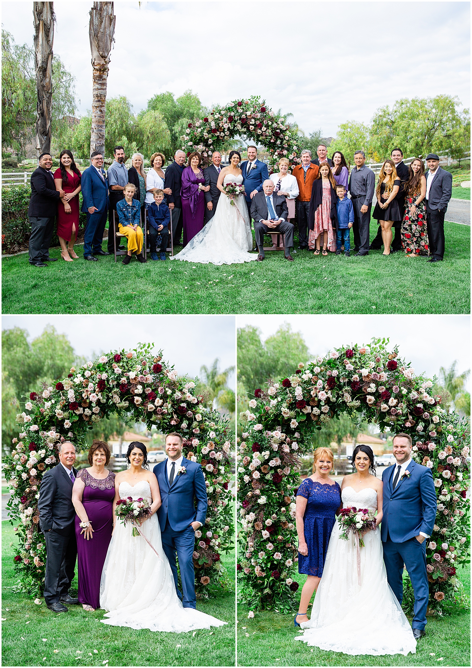 large family formals in front of the wedding floral arch