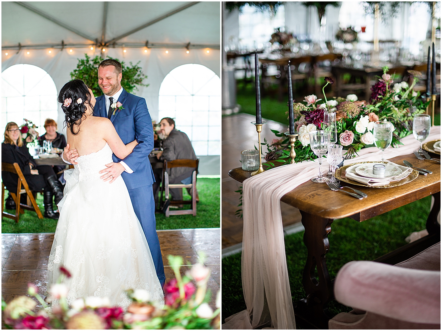 Bride and Groom's first dance as a married couple, and their romantically draped sweetheart table