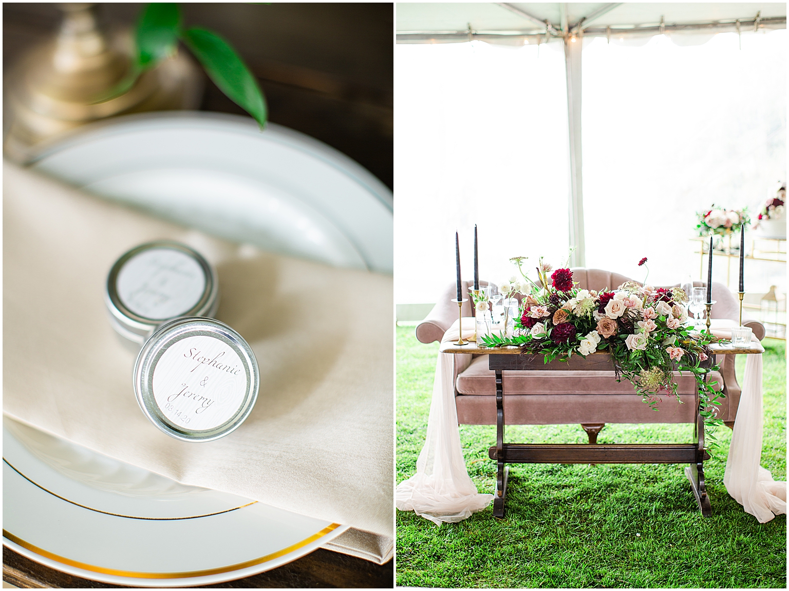 Personalized Candle Wedding Favors and the romantically draped bride and groom's table