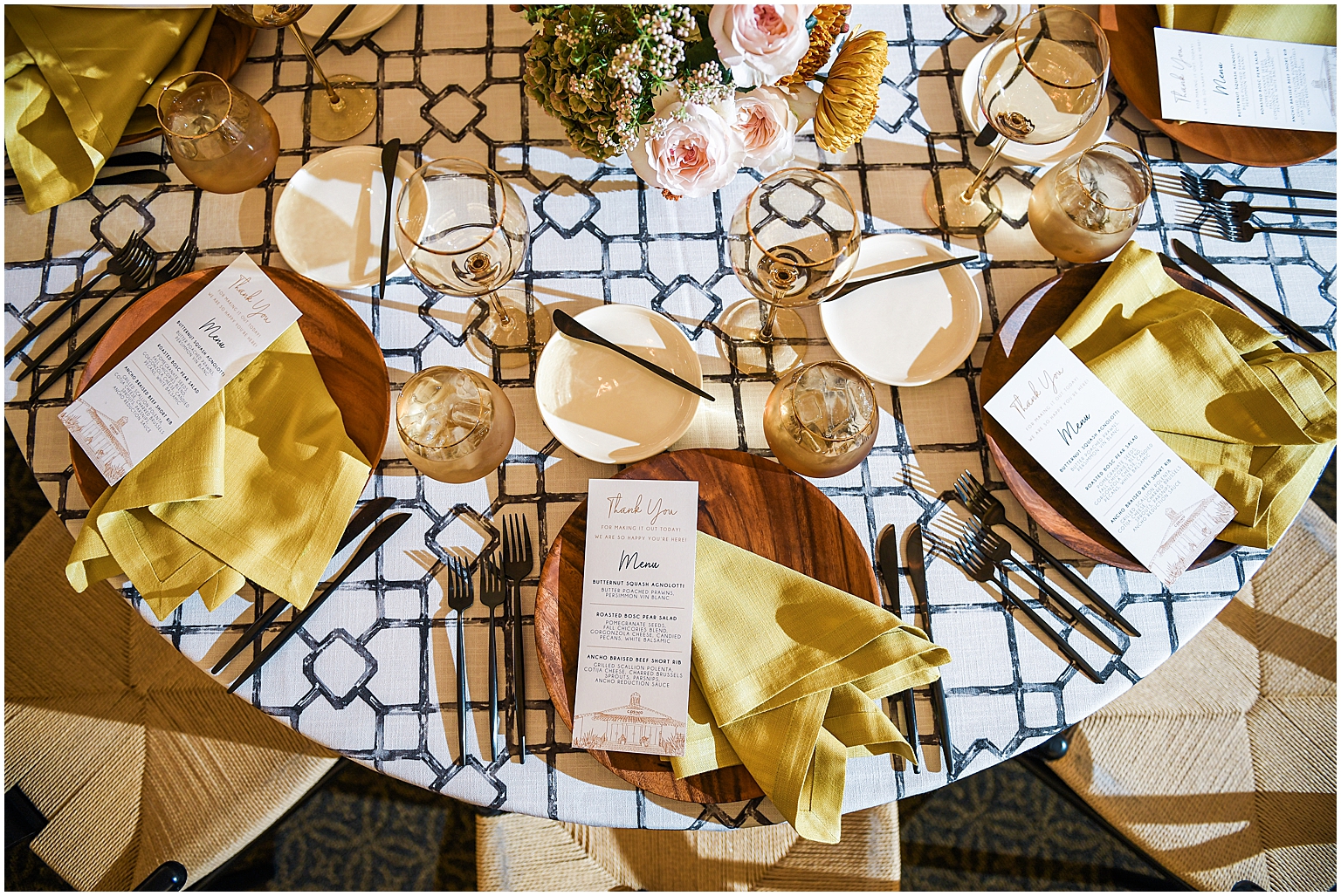 Reception Design and planning by Michelle Garibay Events featuring BBJ Linen, borrowed Blu, theoni collection, studio la palma, and pirouette paper company