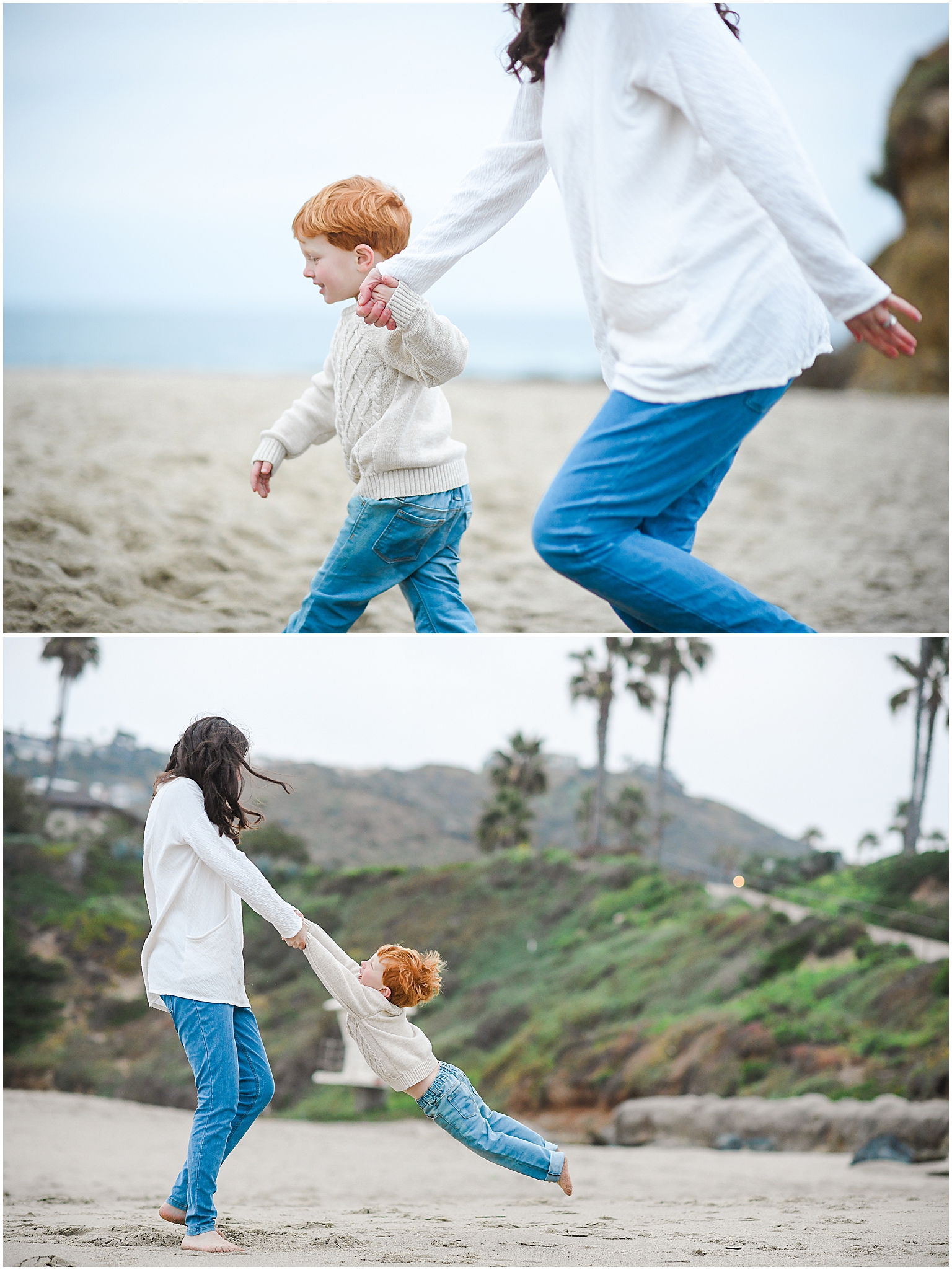 mother and son play at the beach