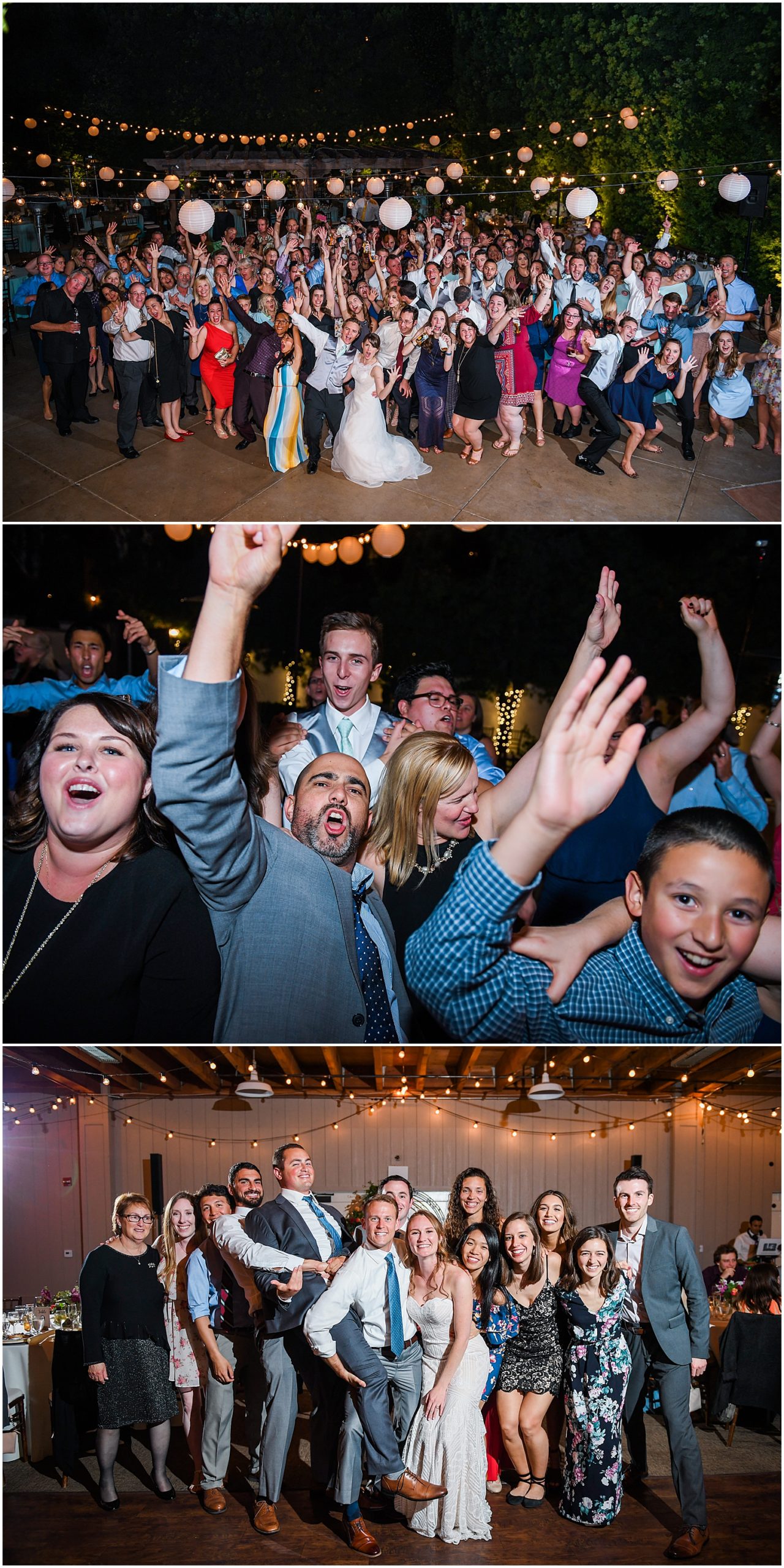 photos of wedding guests having a great time